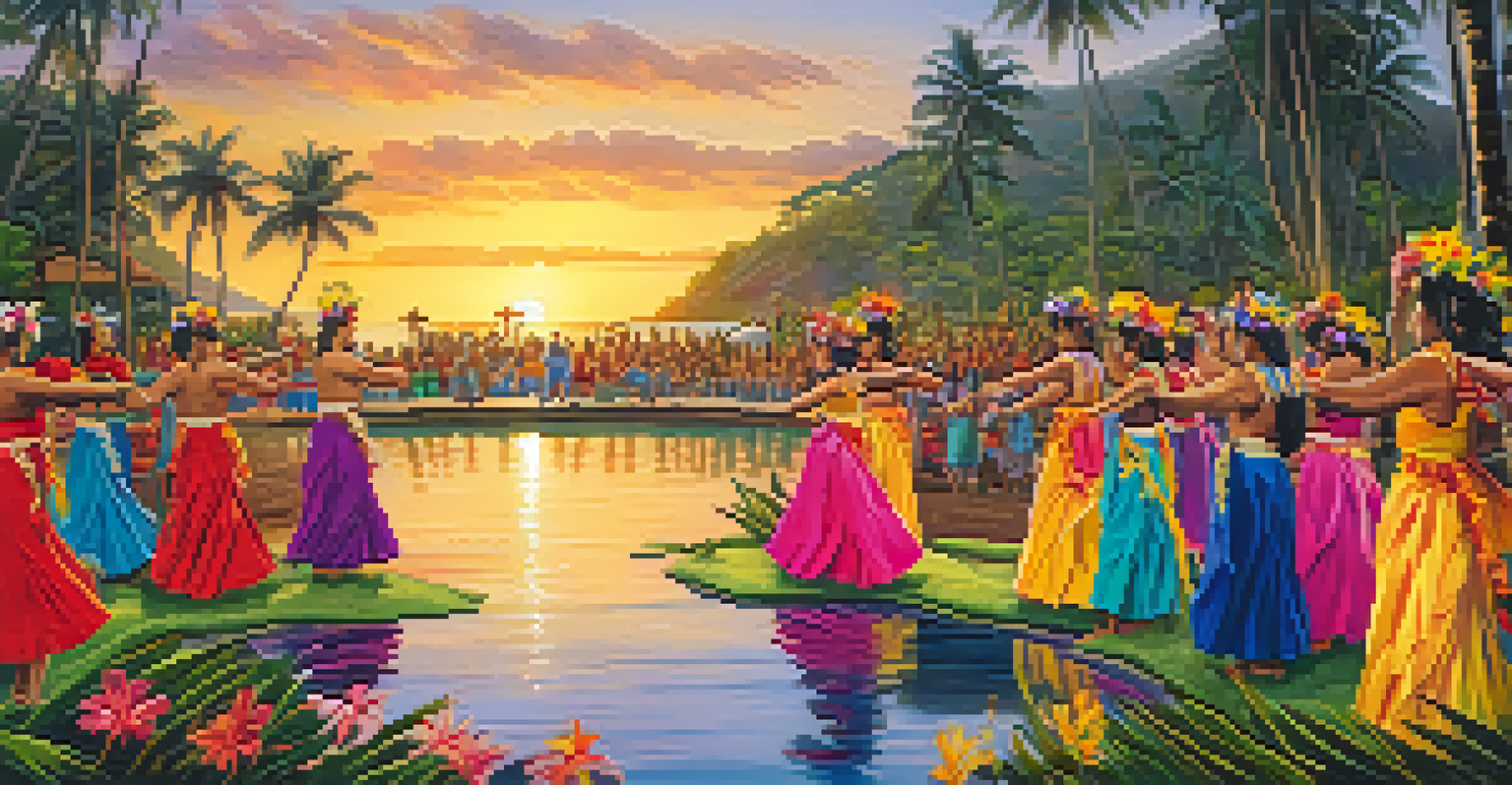 A festive scene of Hawaiian dancers in traditional attire celebrating by a pond during the Makahiki festival.