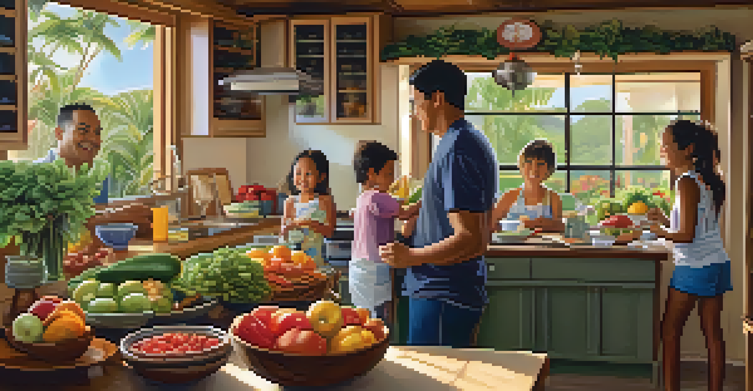 A family cooking in a bright kitchen with fresh produce from a Hawaiian farmers market, creating a traditional dish together.