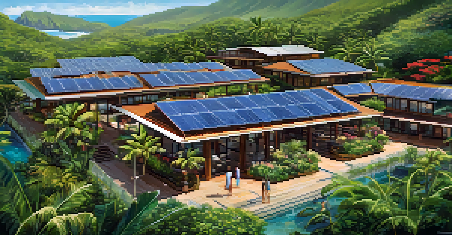 Aerial view of a sustainable eco-resort in Hawaii with solar panels and guests practicing yoga.