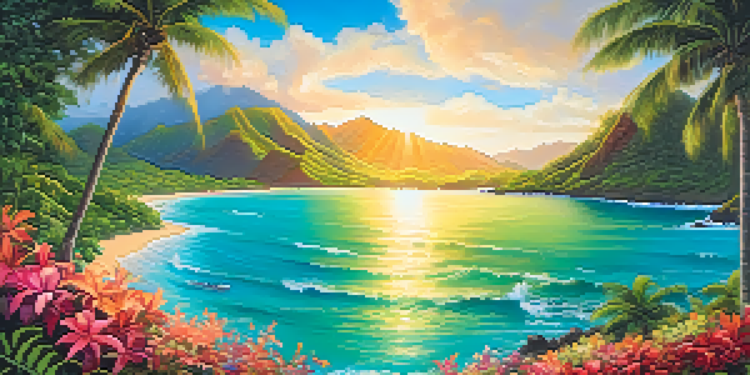 A scenic Hawaiian landscape featuring mountains, a beach, and colorful flowers under a clear blue sky.