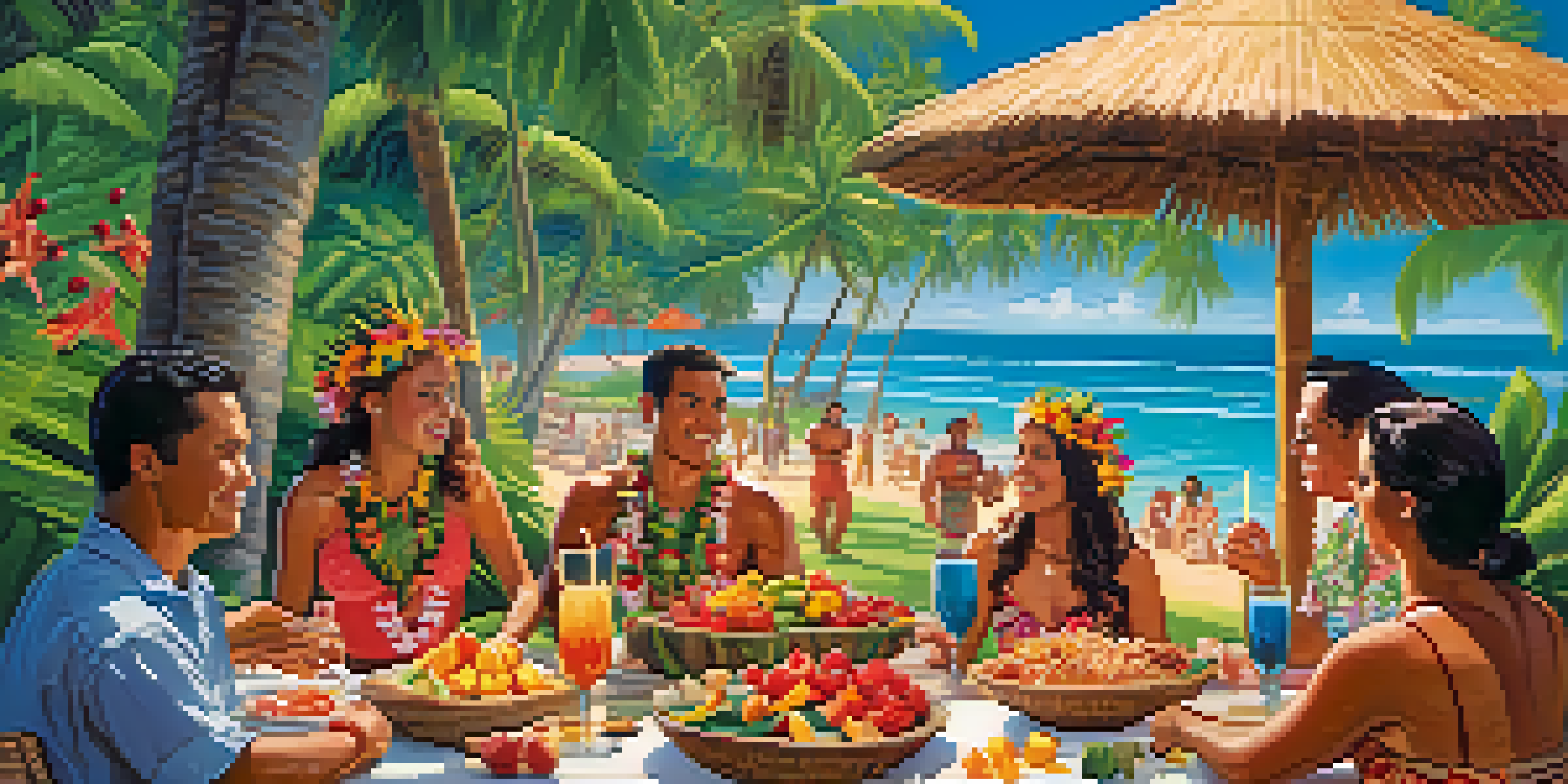 A lively Hawaiian luau with people enjoying traditional food and vibrant decorations in a tropical setting.