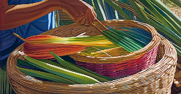 A Hawaiian artisan weaving a basket with pandanus leaves, showcasing colorful natural dyes and detailed textures.