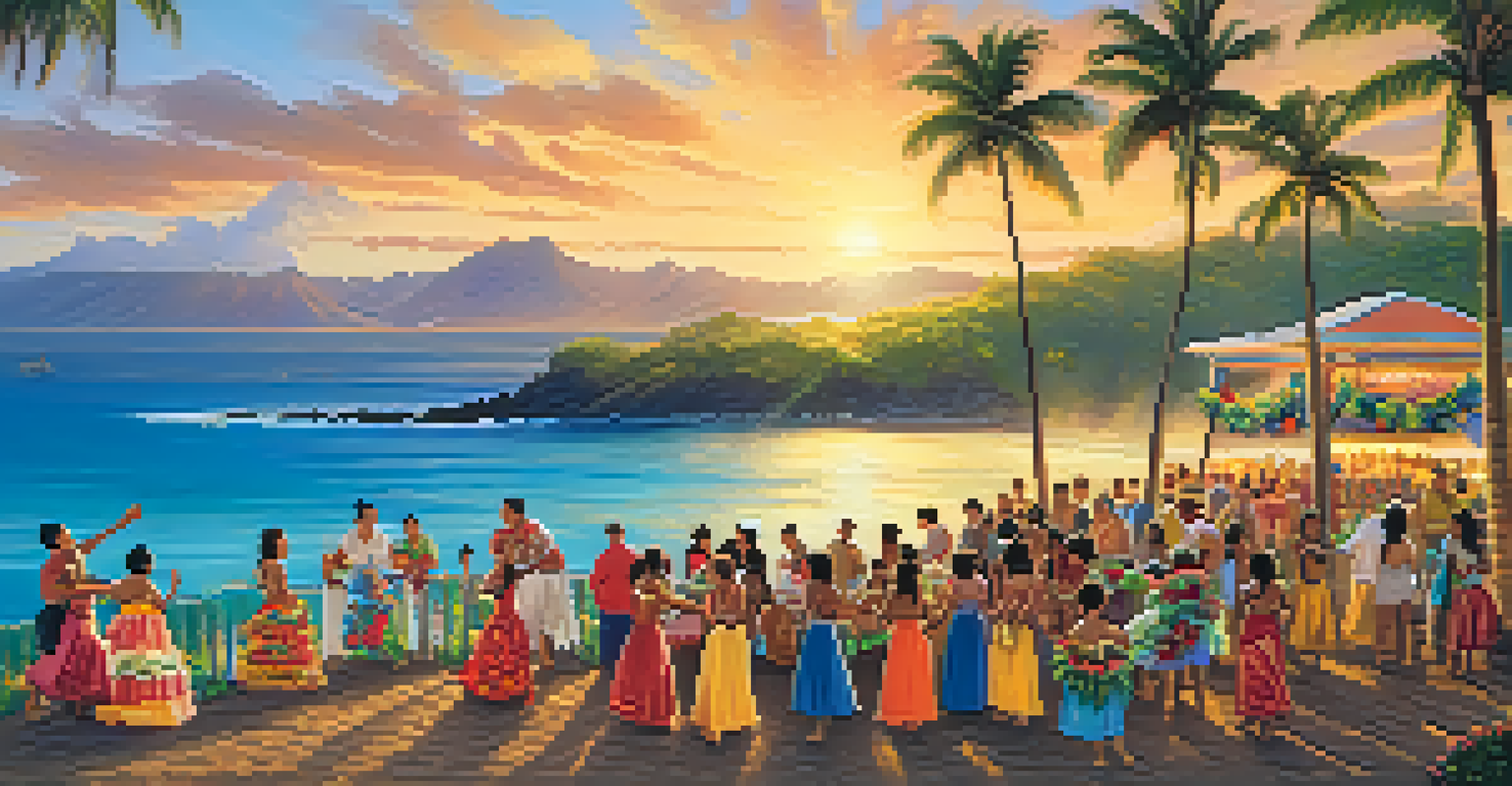 A vibrant Hawaiian cultural festival with people in traditional attire dancing and enjoying food, with the ocean in the background.