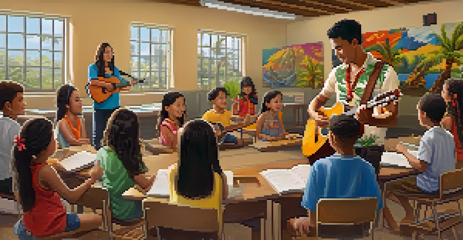 An educational workshop with young students learning Hawaiian music and language, surrounded by cultural artwork and musical instruments.