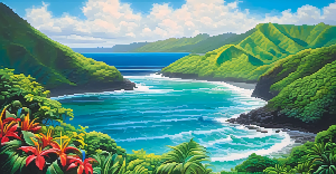 A scenic view of green mountains and ocean, with colorful tropical flowers in the foreground.