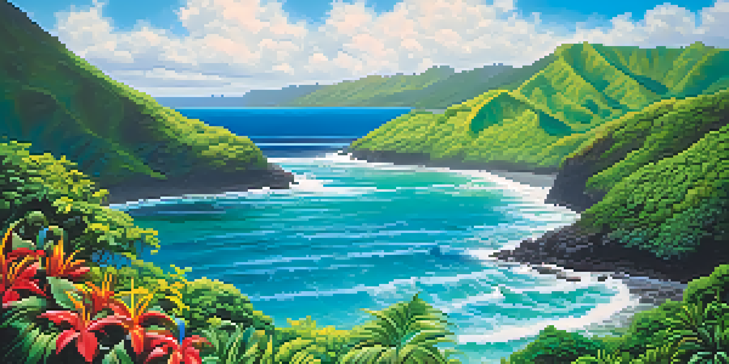 A scenic view of green mountains and ocean, with colorful tropical flowers in the foreground.