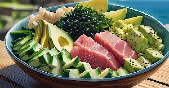 A colorful poke bowl with raw tuna, avocado, and garnishes, set against a tropical backdrop.