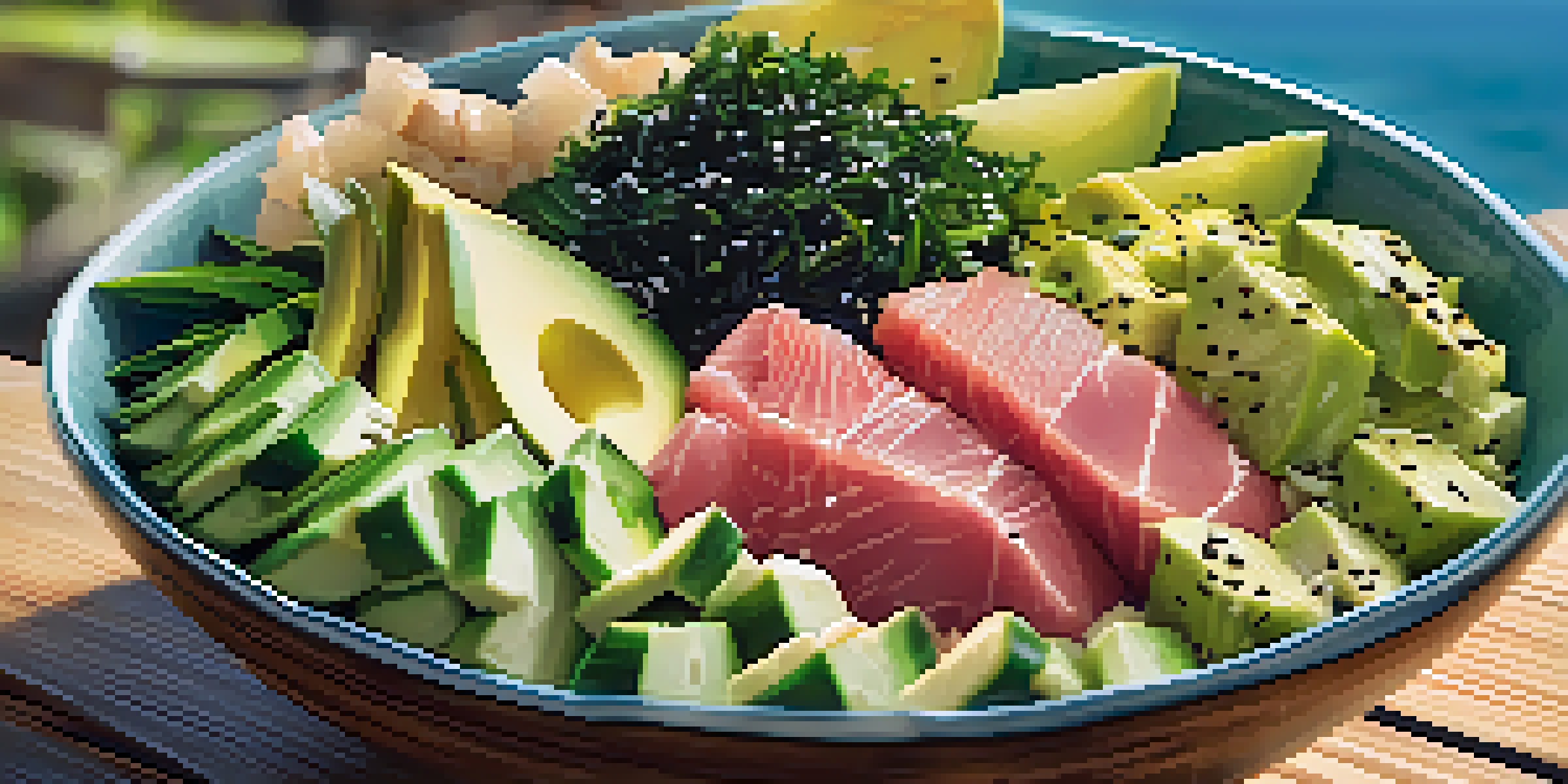 A colorful poke bowl with raw tuna, avocado, and garnishes, set against a tropical backdrop.