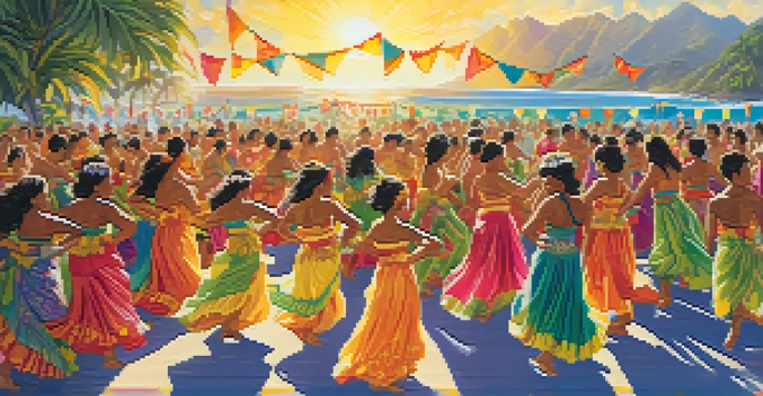 A lively Hawaiian cultural festival with dancers in colorful attire, surrounded by nature and ocean waves, under warm sunlight.