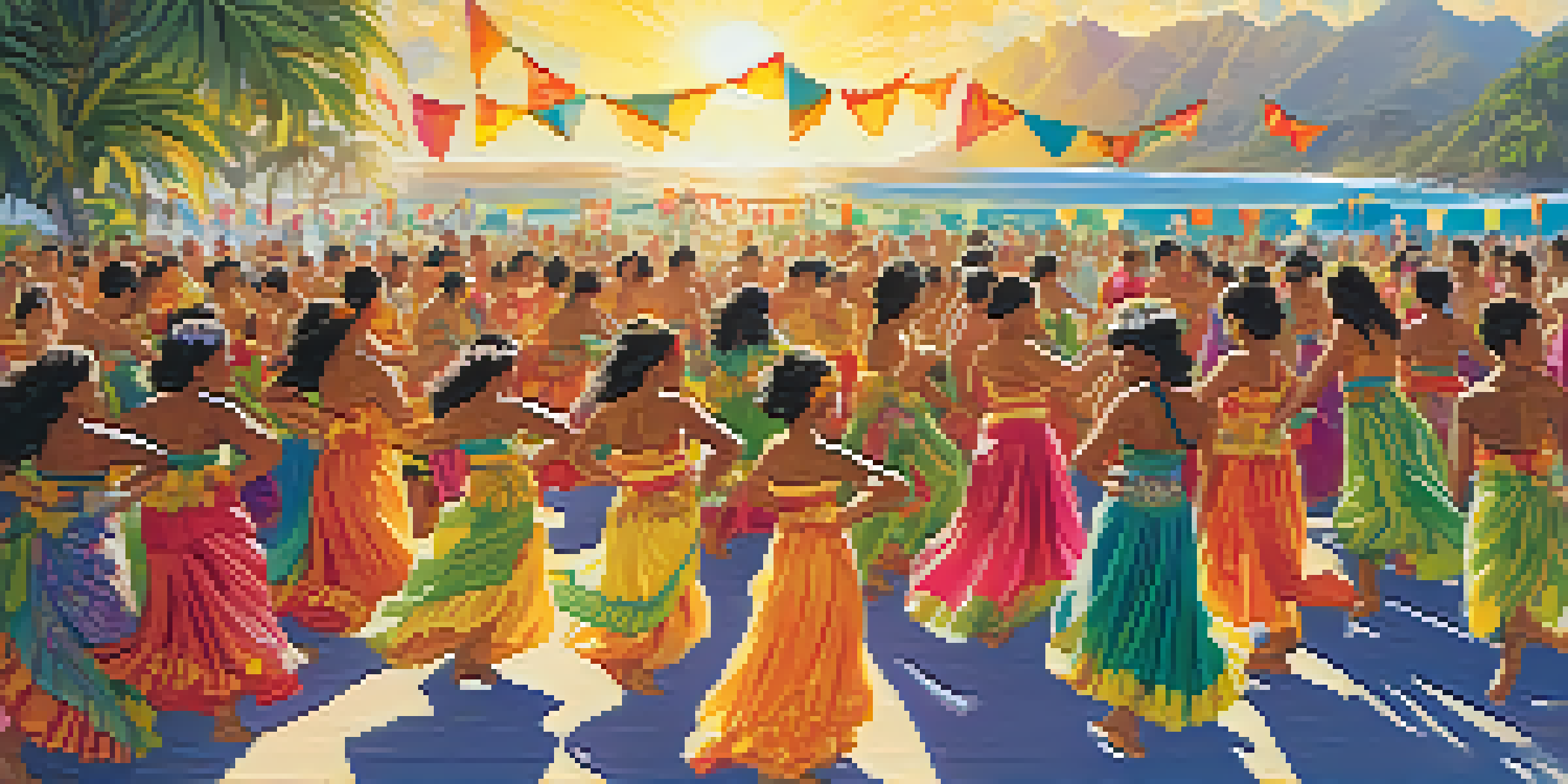 A lively Hawaiian cultural festival with dancers in colorful attire, surrounded by nature and ocean waves, under warm sunlight.