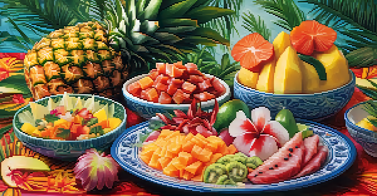 A traditional Hawaiian feast with poke, poi, and tropical fruits on a decorated table.