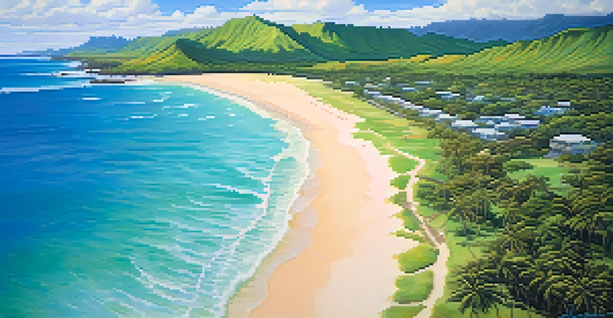Aerial view of a beautiful Hawaiian beach with blue waters and sandy shores, surrounded by green vegetation and bright sunlight.
