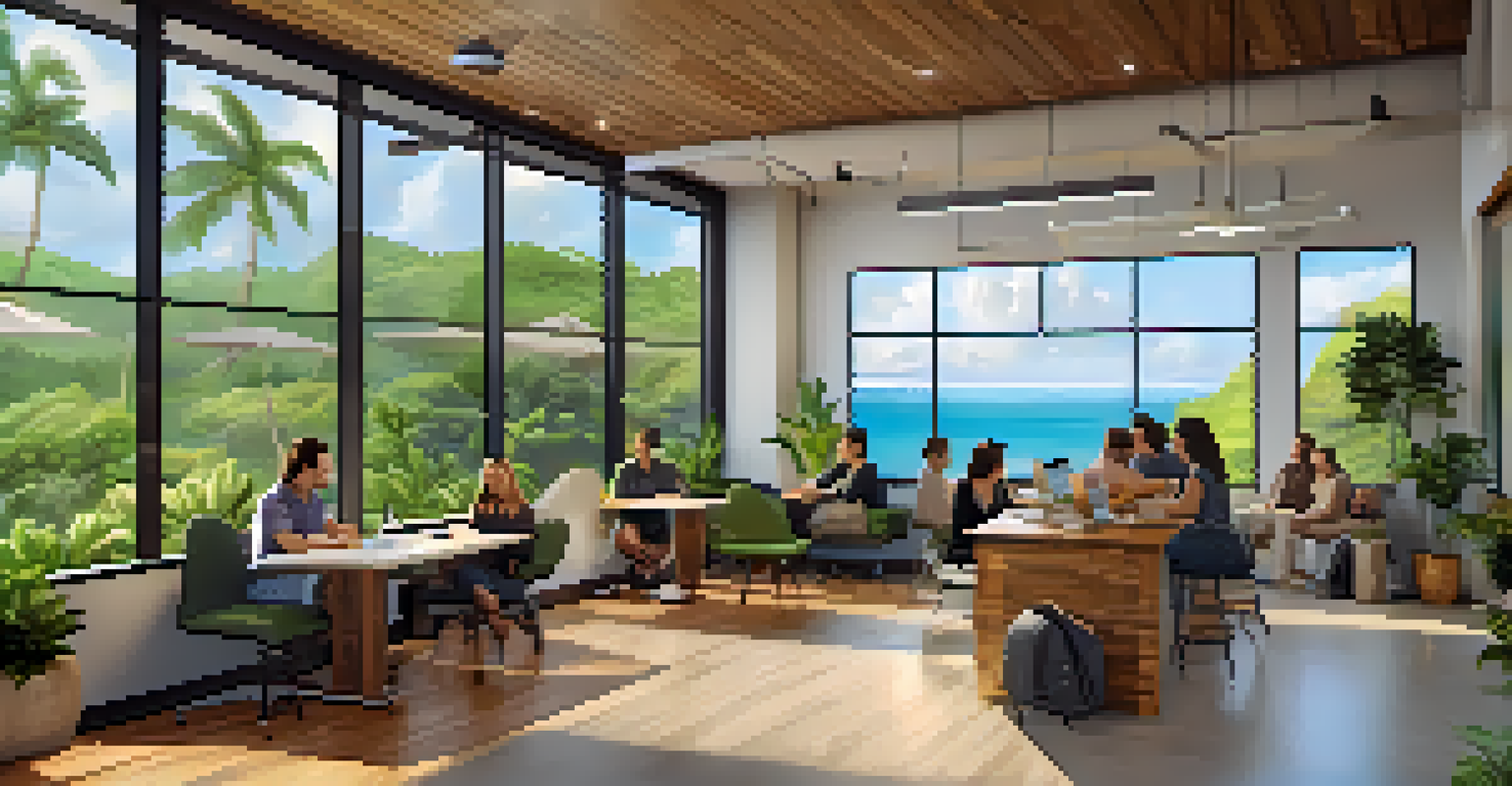 A bright coworking space in Hawaii with people working together and a view of the ocean and greenery.