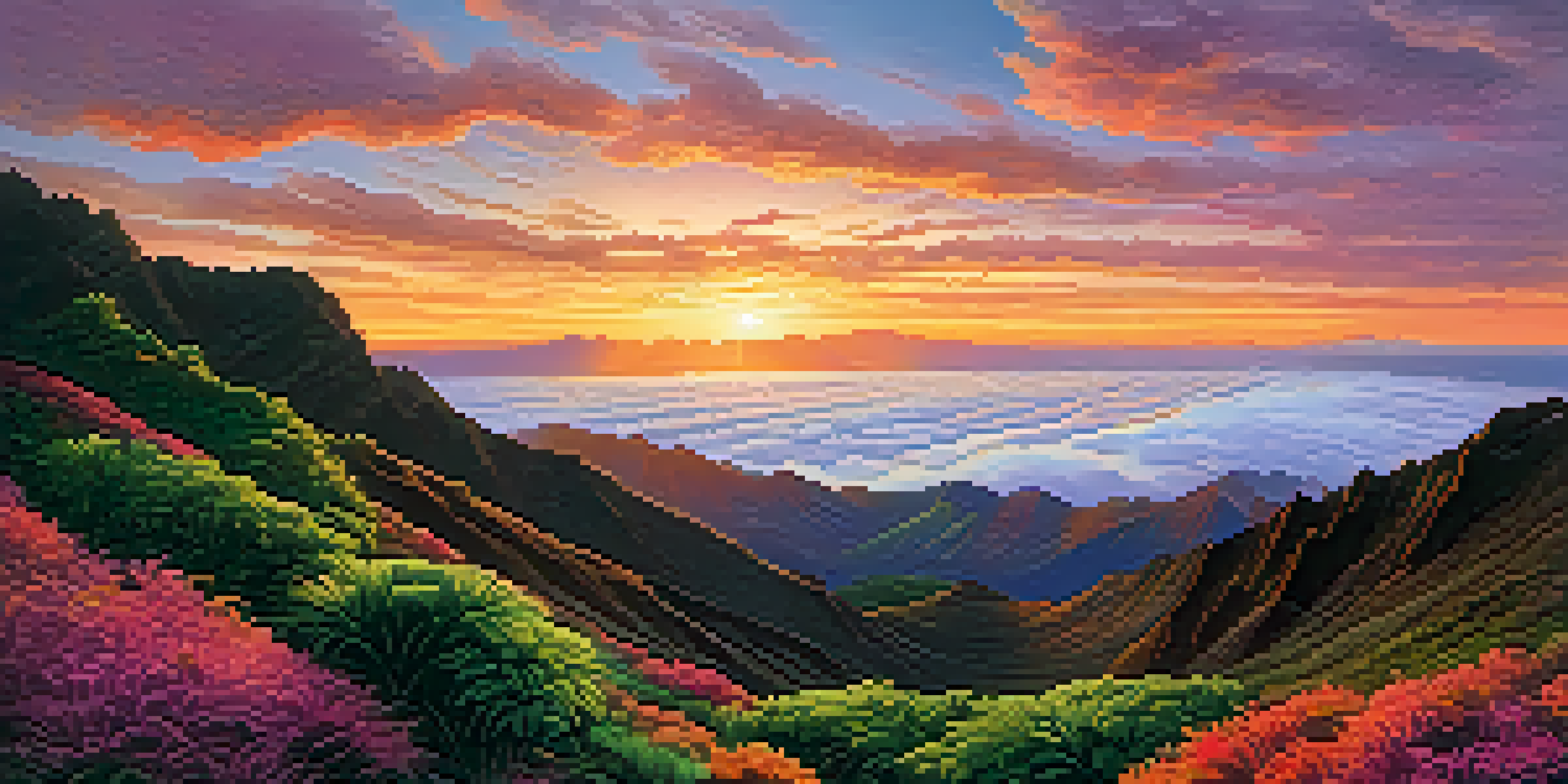 A vibrant sunrise over Haleakalā National Park, with colorful skies and volcanic rock silhouettes against a backdrop of clouds.