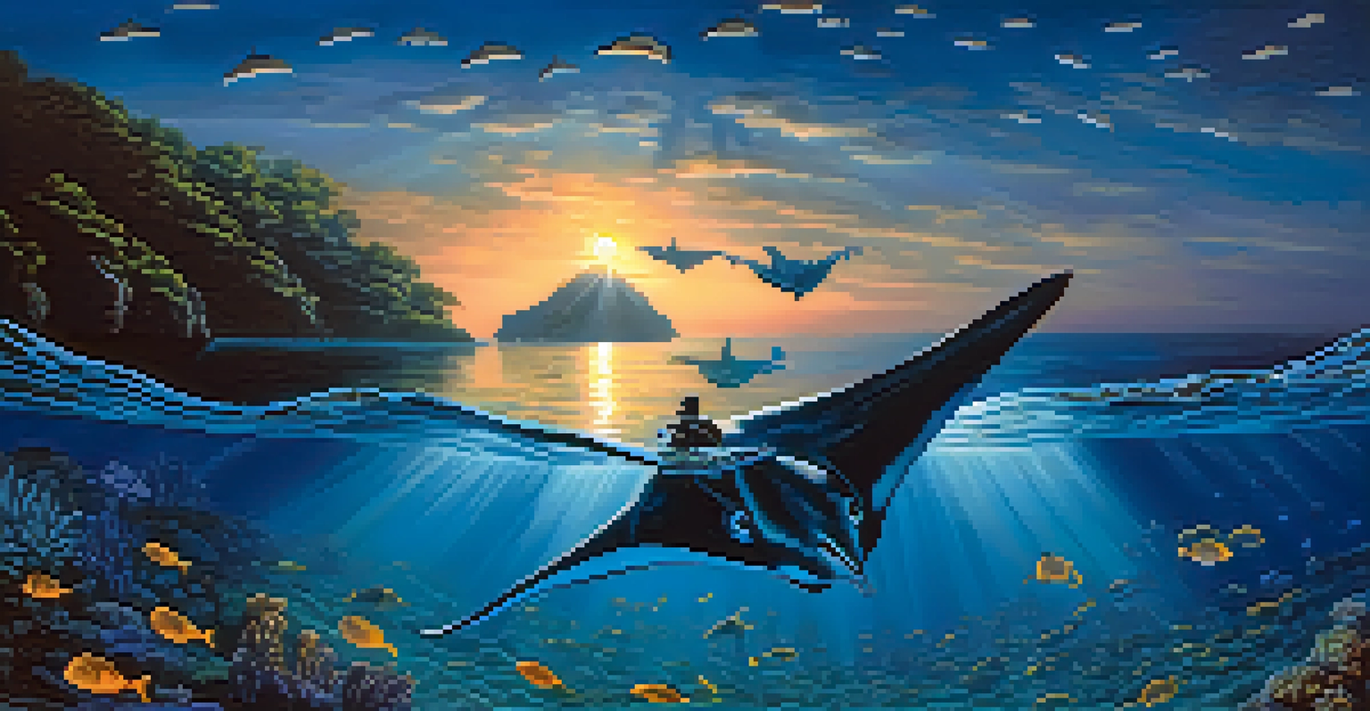 A diver with a flashlight surrounded by manta rays during a night dive, creating a magical atmosphere.