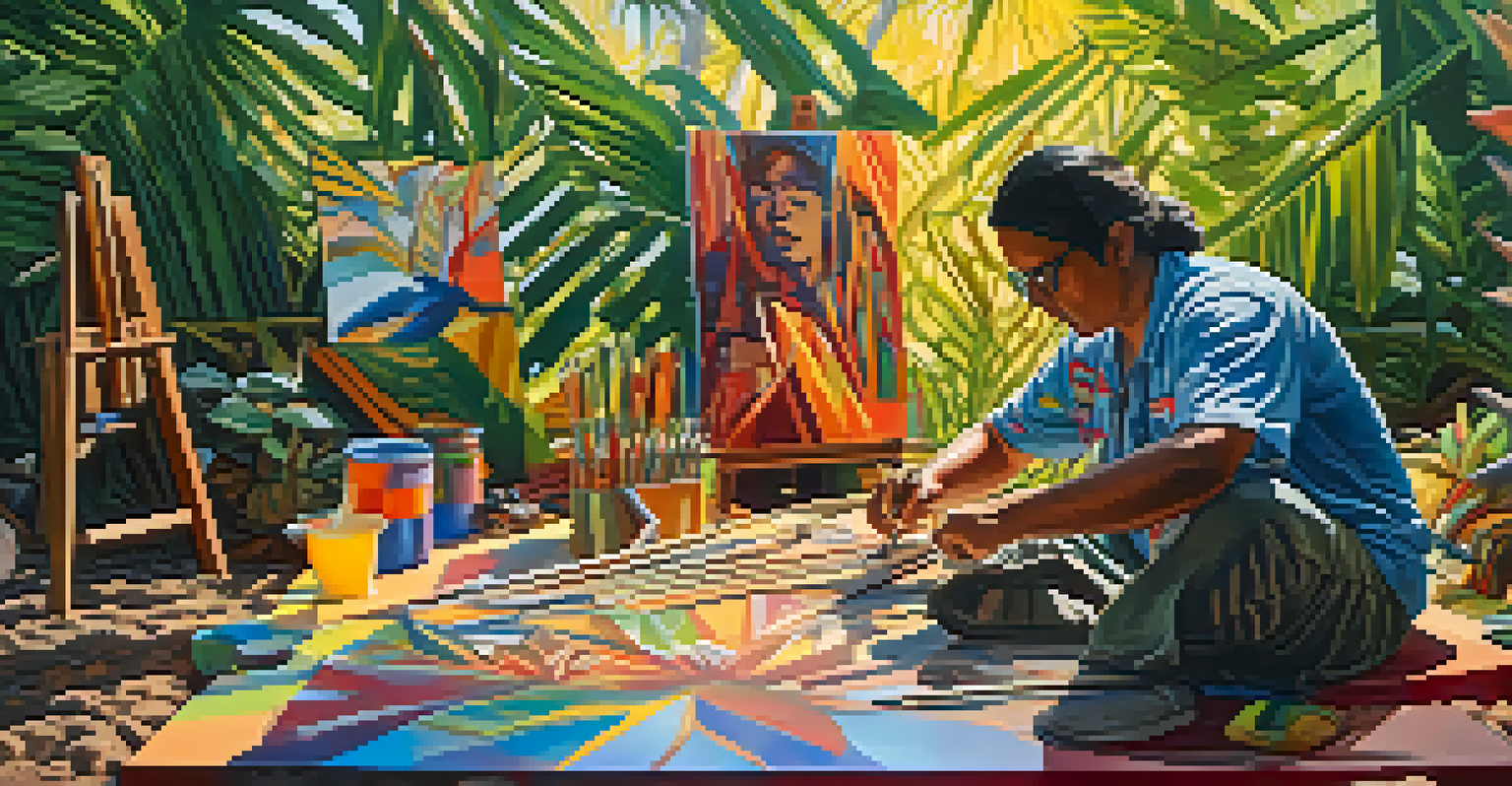 A native Hawaiian artist working on a modern sculpture in an outdoor studio, surrounded by colorful materials.