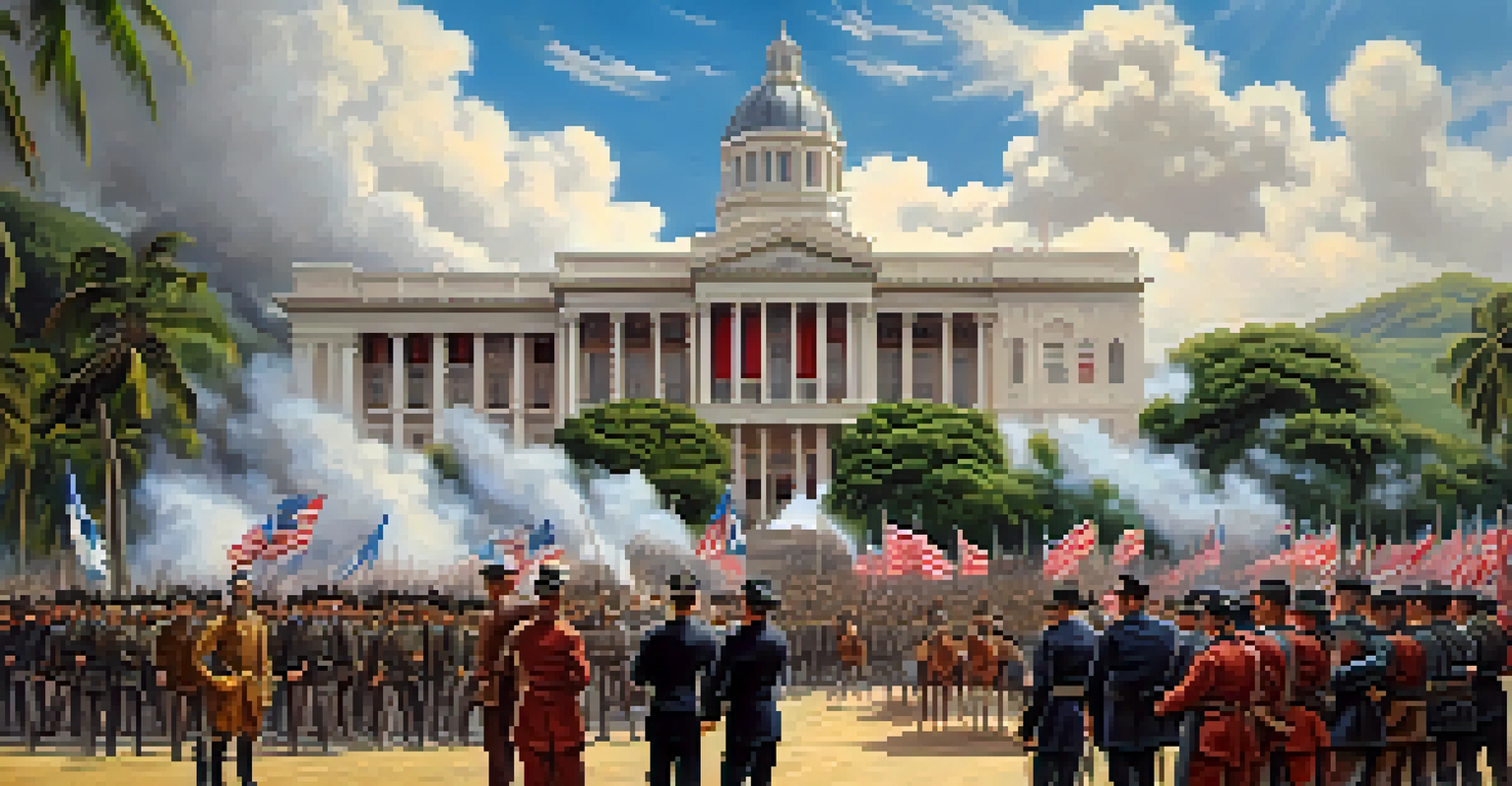 An artistic depiction of the 1893 coup in Hawaii, showing a conflict scene outside a government building with dramatic skies.
