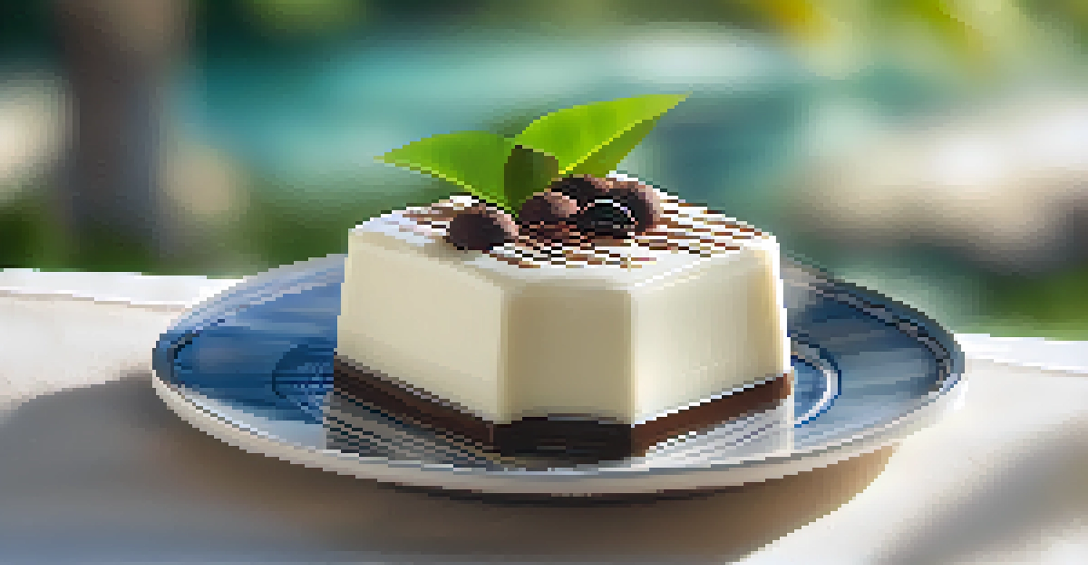 A beautifully arranged haupia dessert with coconut pudding and chocolate layer on a decorative plate surrounded by tropical plants.