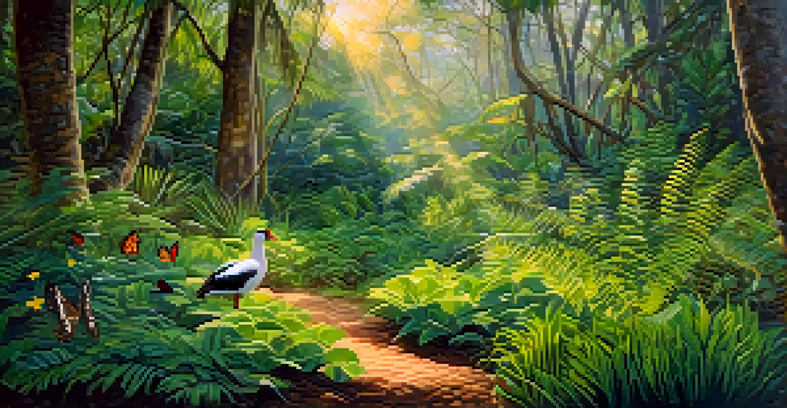 A peaceful Hawaiian forest with koa trees, ferns, a nene goose, and butterflies under sunlight.