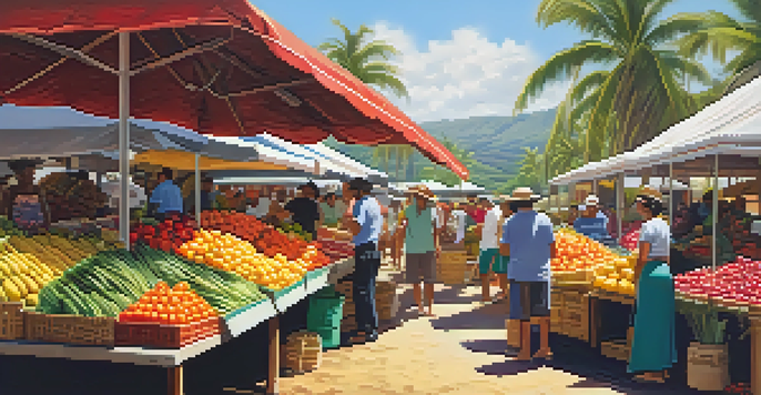 A lively Hawaiian farmers' market with various tropical fruits and vegetables under bright sunlight.