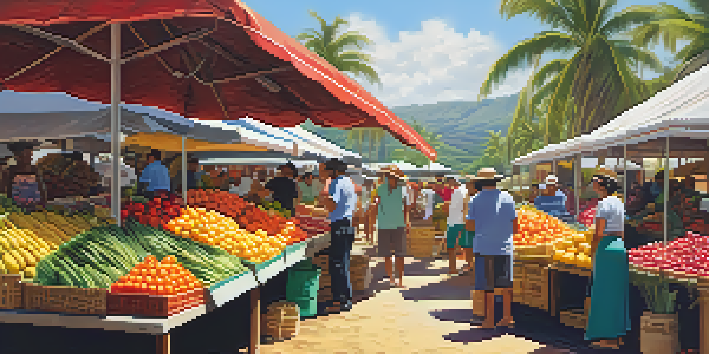 A lively Hawaiian farmers' market with various tropical fruits and vegetables under bright sunlight.