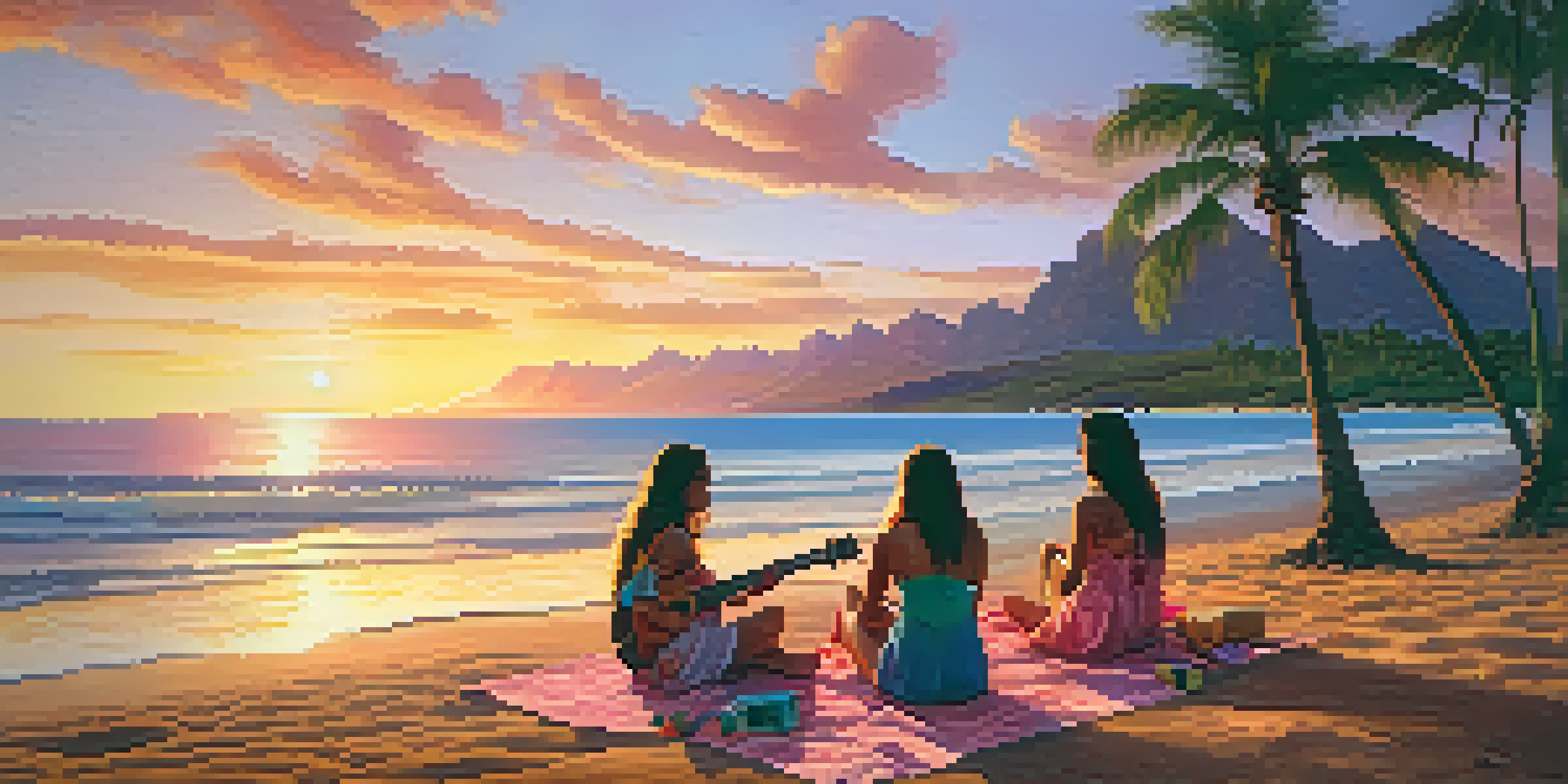 A group of friends playing a ukulele on a beach during sunset, with colorful skies and palm trees in the background.