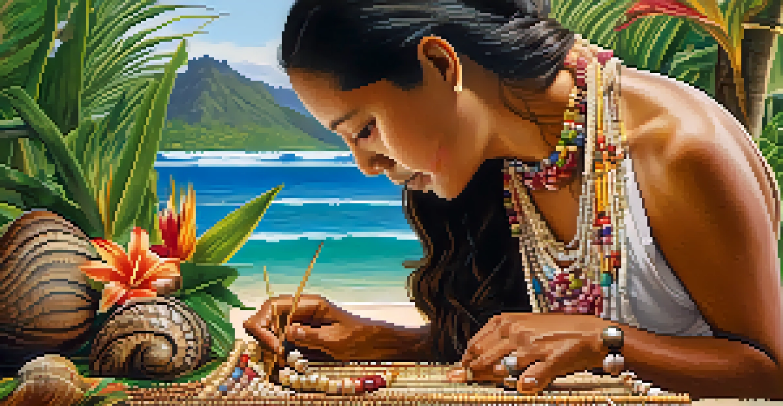 A Hawaiian artisan making a traditional necklace with natural materials in a tropical setting.