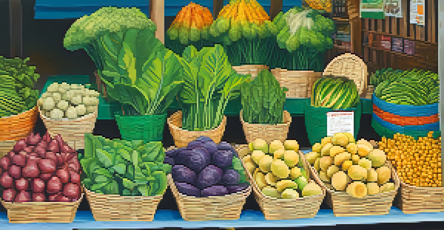 A close-up view of a vendor's stall at a Hawaiian farmers market showcasing fresh produce and tropical decorations.