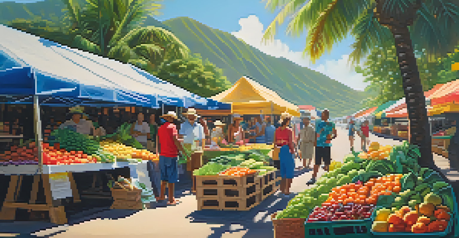A lively farmers' market in Hawaii with bright fruits and vegetables, local vendors, and palm trees under the sunlight.