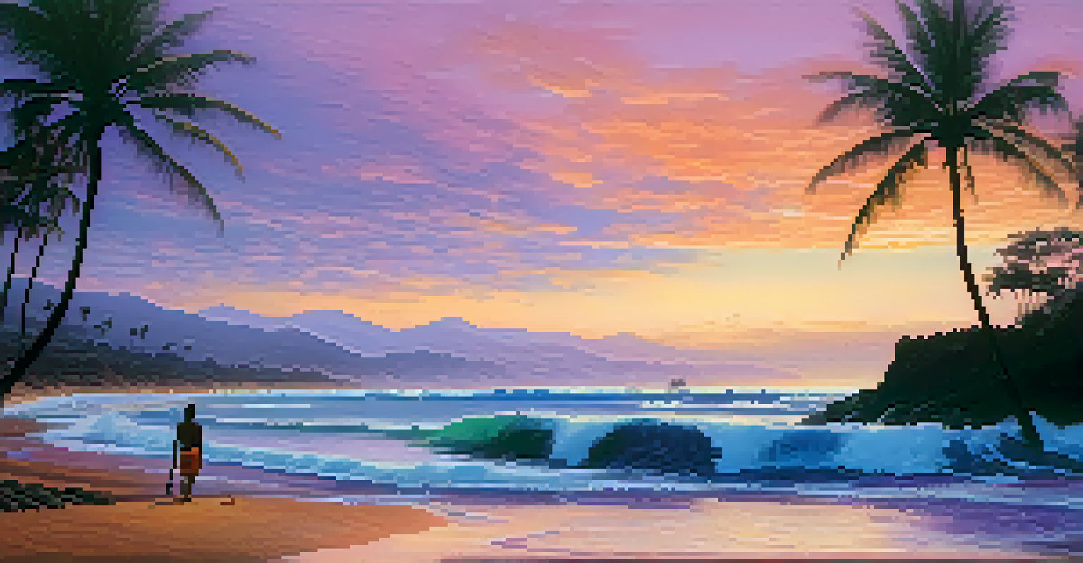A tranquil Hawaiian beach at sunset with colorful skies and surfers in the distance.