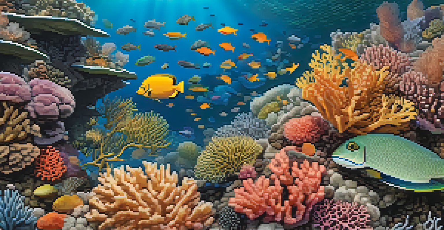 A close-up view of a colorful coral colony with small fish swimming around, highlighting the textures and patterns of the coral.