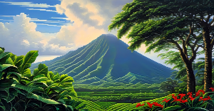 A vibrant Hawaiian landscape with a coffee plantation in the foreground, showcasing contrasting weather conditions on either side of a mountain.