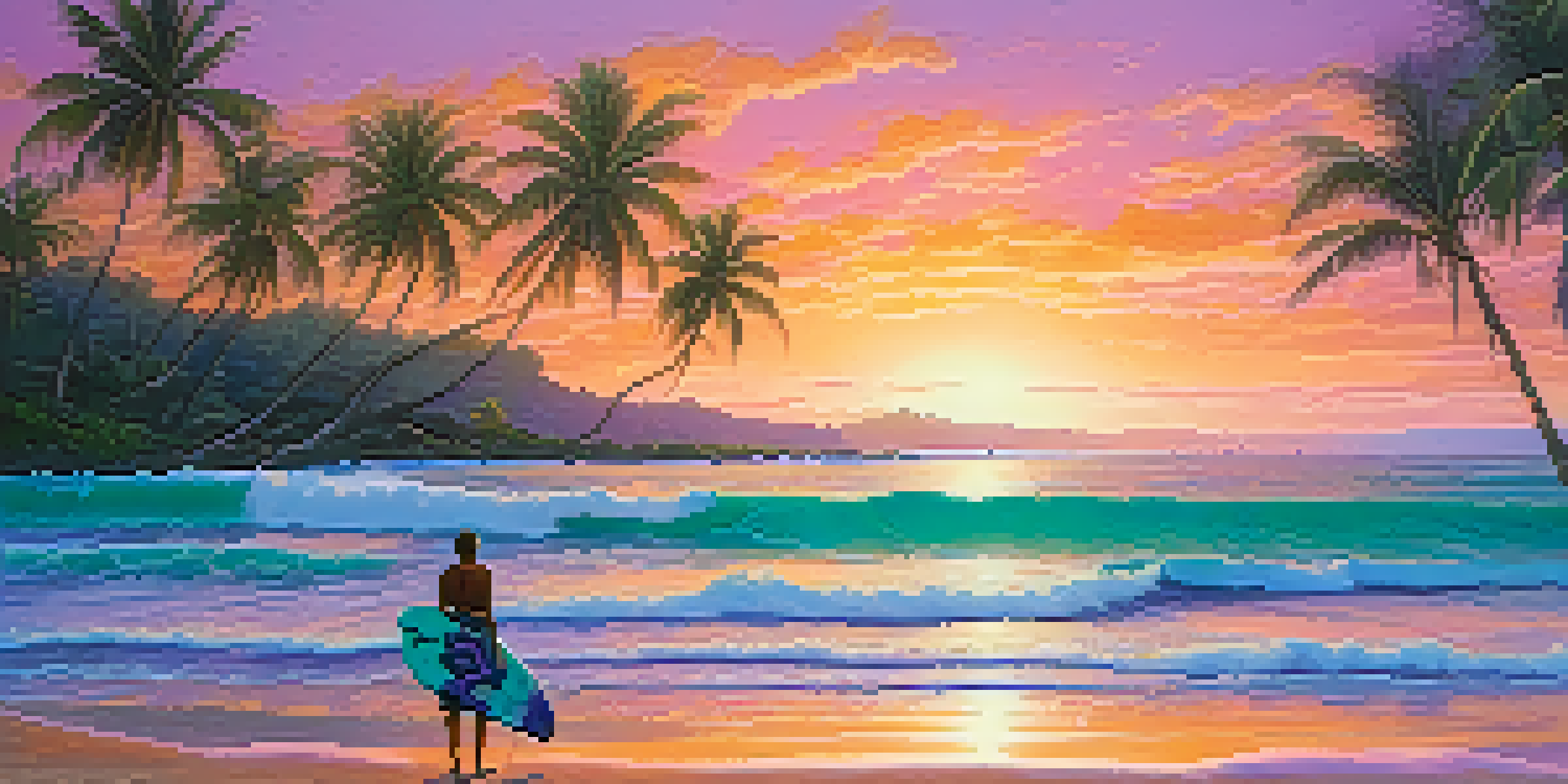 A sunset view of a Hawaiian beach with golden sands, turquoise waves, and palm trees, featuring a silhouetted surfer.
