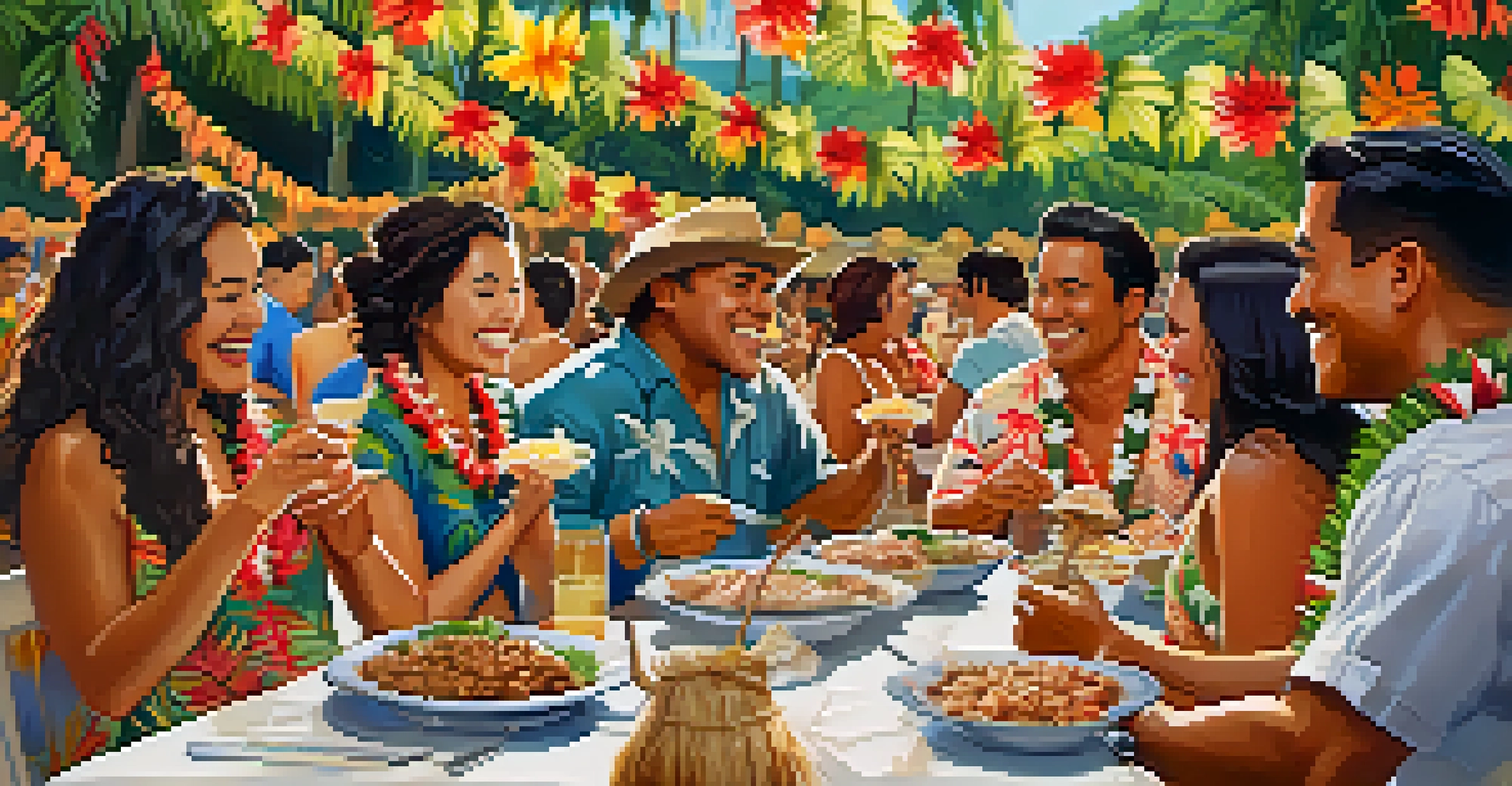 A diverse group of people sharing a communal meal at a Hawaiian festival, enjoying kalua pig and haupia, with performers in the background.