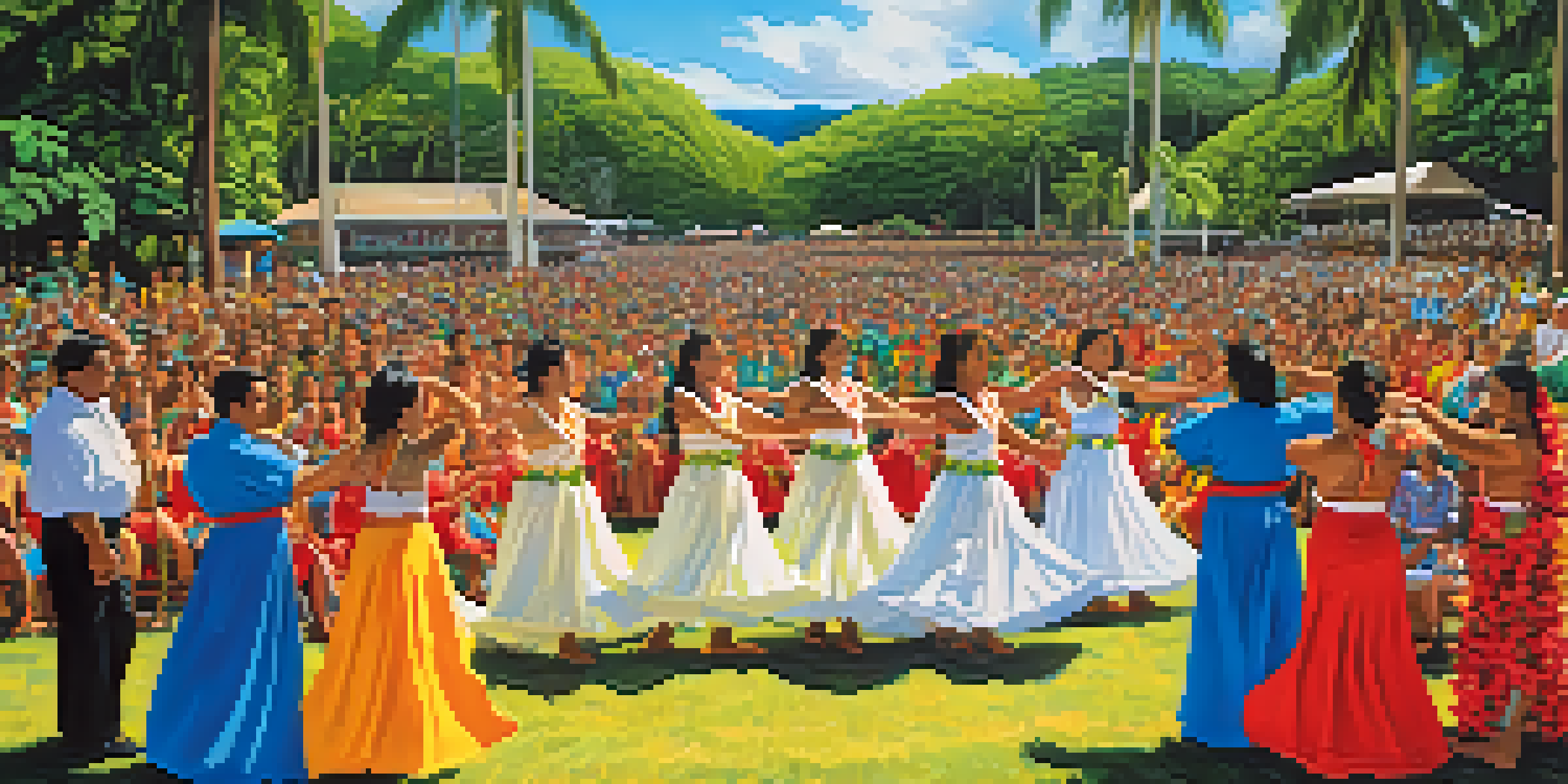 Hula dancers in colorful costumes performing at the Merrie Monarch Festival with a tropical backdrop and an engaged audience.