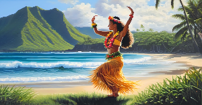 A Hawaiian Hula dancer in a natural setting, wearing a grass skirt and flowers, performing a traditional dance with ocean waves in the background.