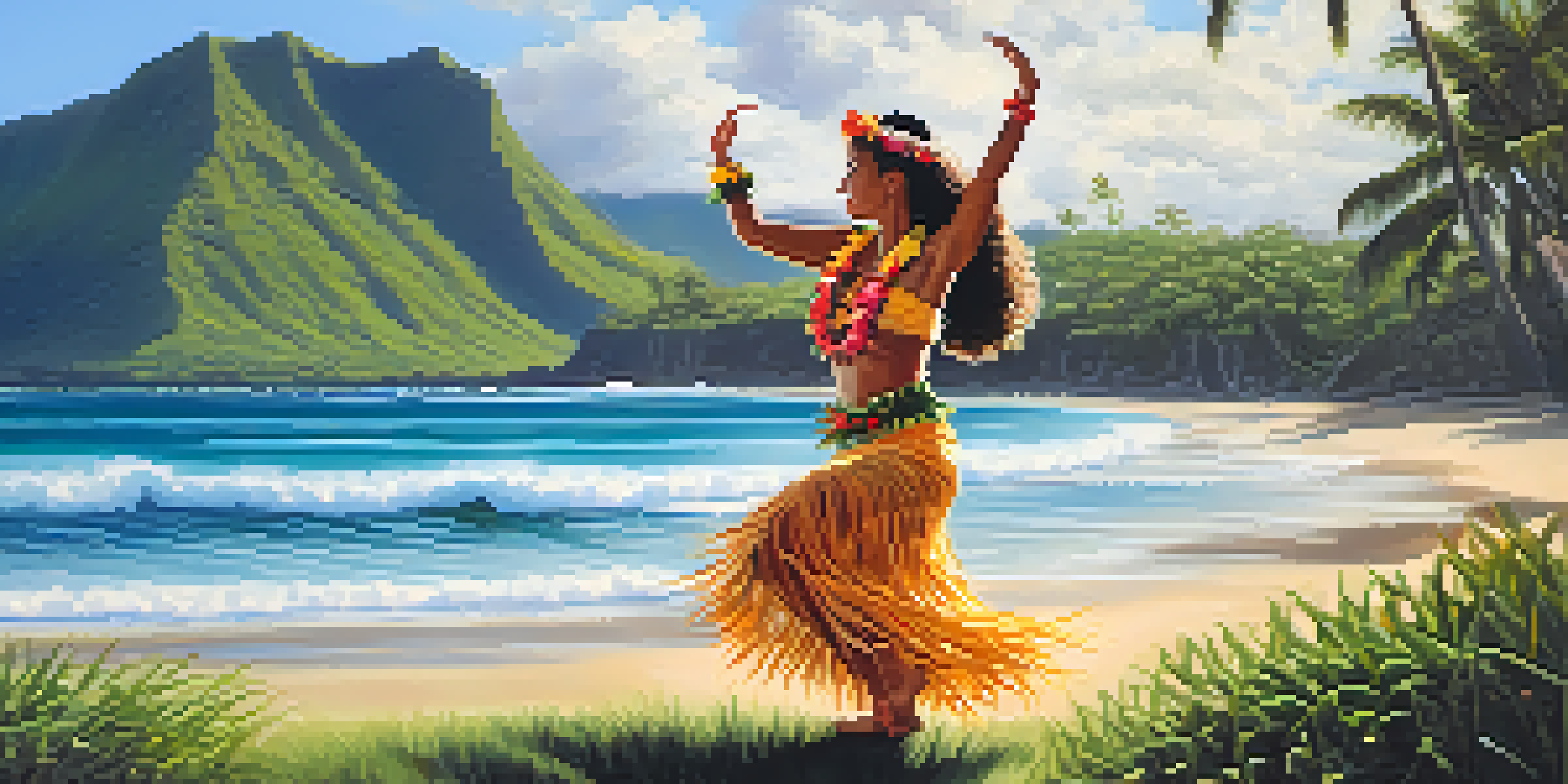A Hawaiian Hula dancer in a natural setting, wearing a grass skirt and flowers, performing a traditional dance with ocean waves in the background.