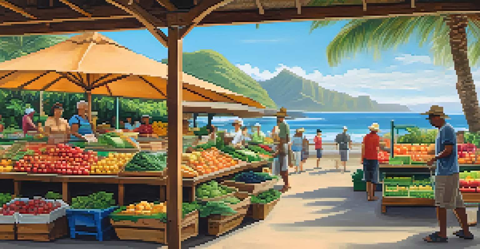 A lively CSA market in Hawaii with local farmers selling fresh produce, surrounded by cheerful customers and set against palm trees and the ocean.
