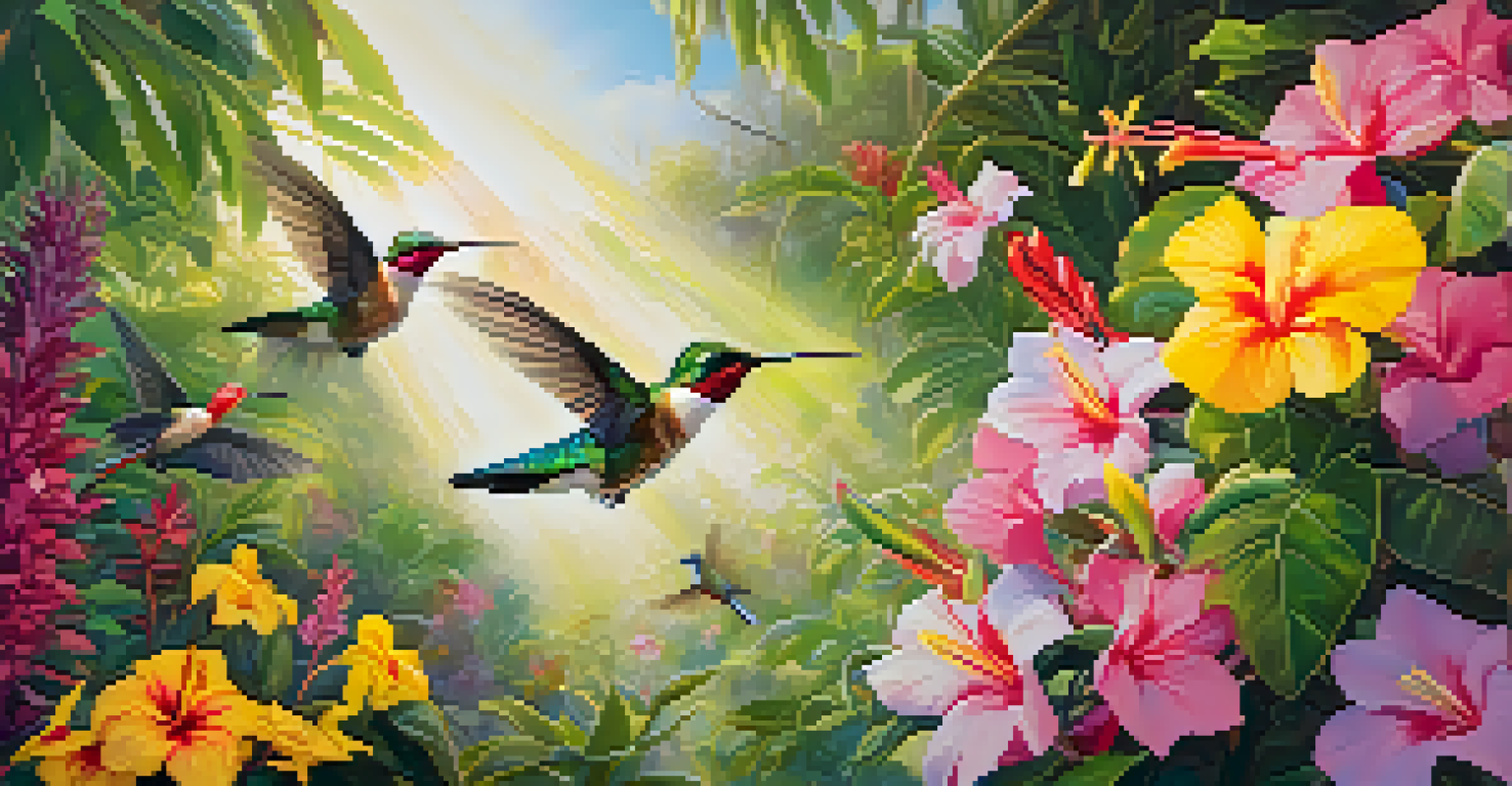 A lively garden with native Hawaiian plants and hummingbirds hovering around bright flowers, illuminated by sunlight.