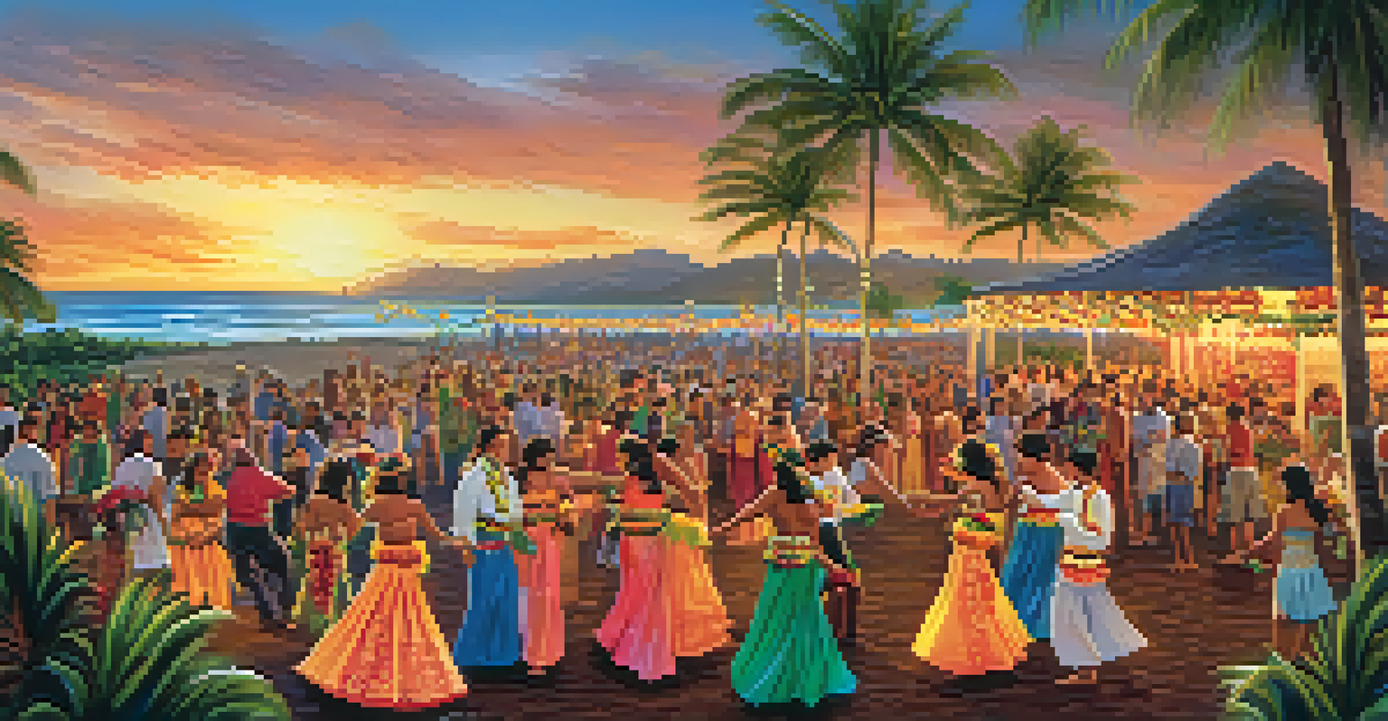 People in traditional Hawaiian attire dancing at a cultural festival with colorful decorations and palm trees.