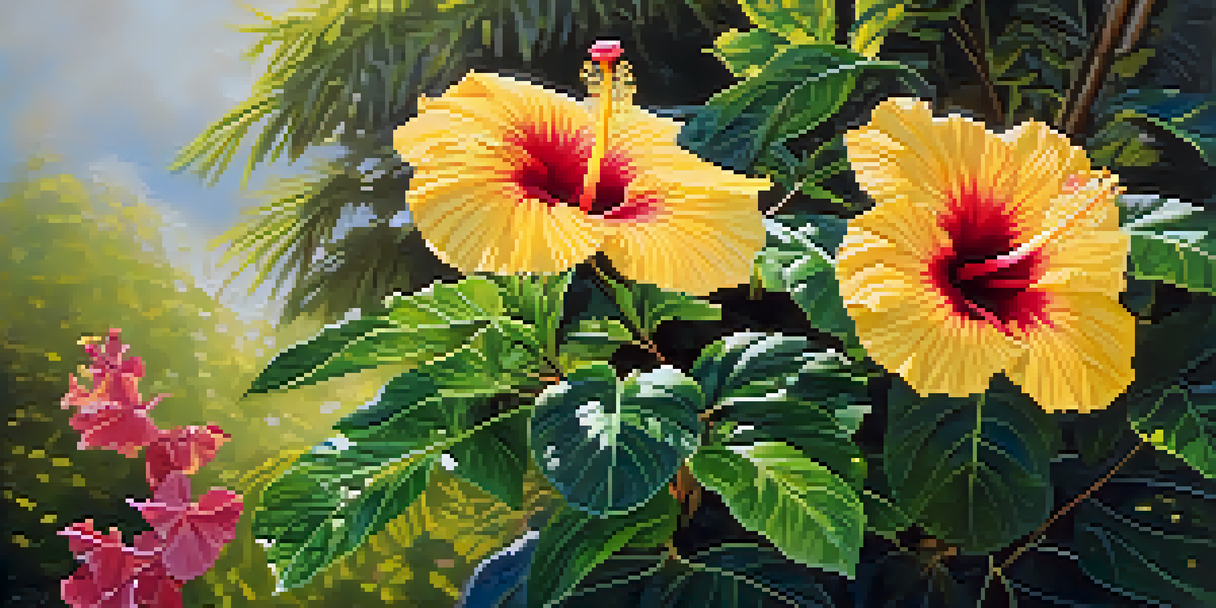 A close-up of a yellow hibiscus flower surrounded by greenery, illuminated by sunlight.