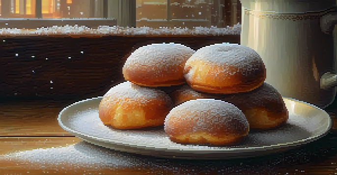 A close-up of fluffy malasadas covered in powdered sugar next to a steaming cup of coffee on a wooden table.
