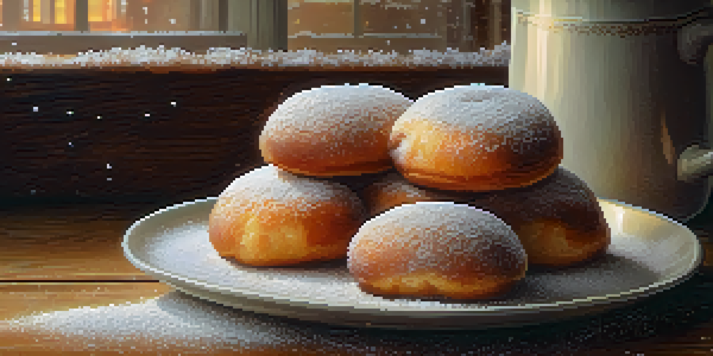 A close-up of fluffy malasadas covered in powdered sugar next to a steaming cup of coffee on a wooden table.