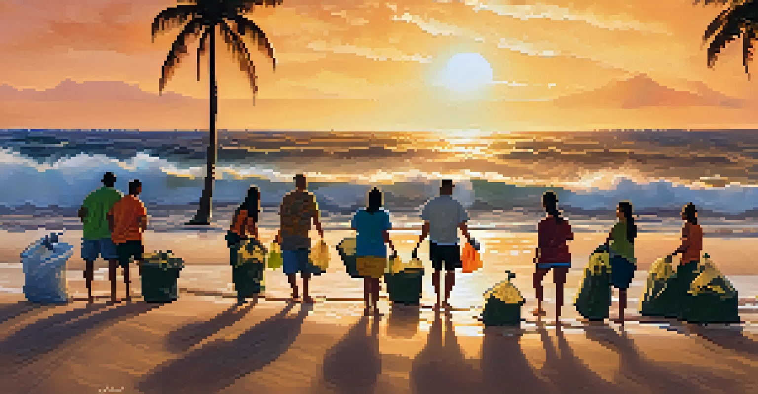 Volunteers cleaning a beach in Hawaii during sunset, surrounded by ocean waves and golden sand.