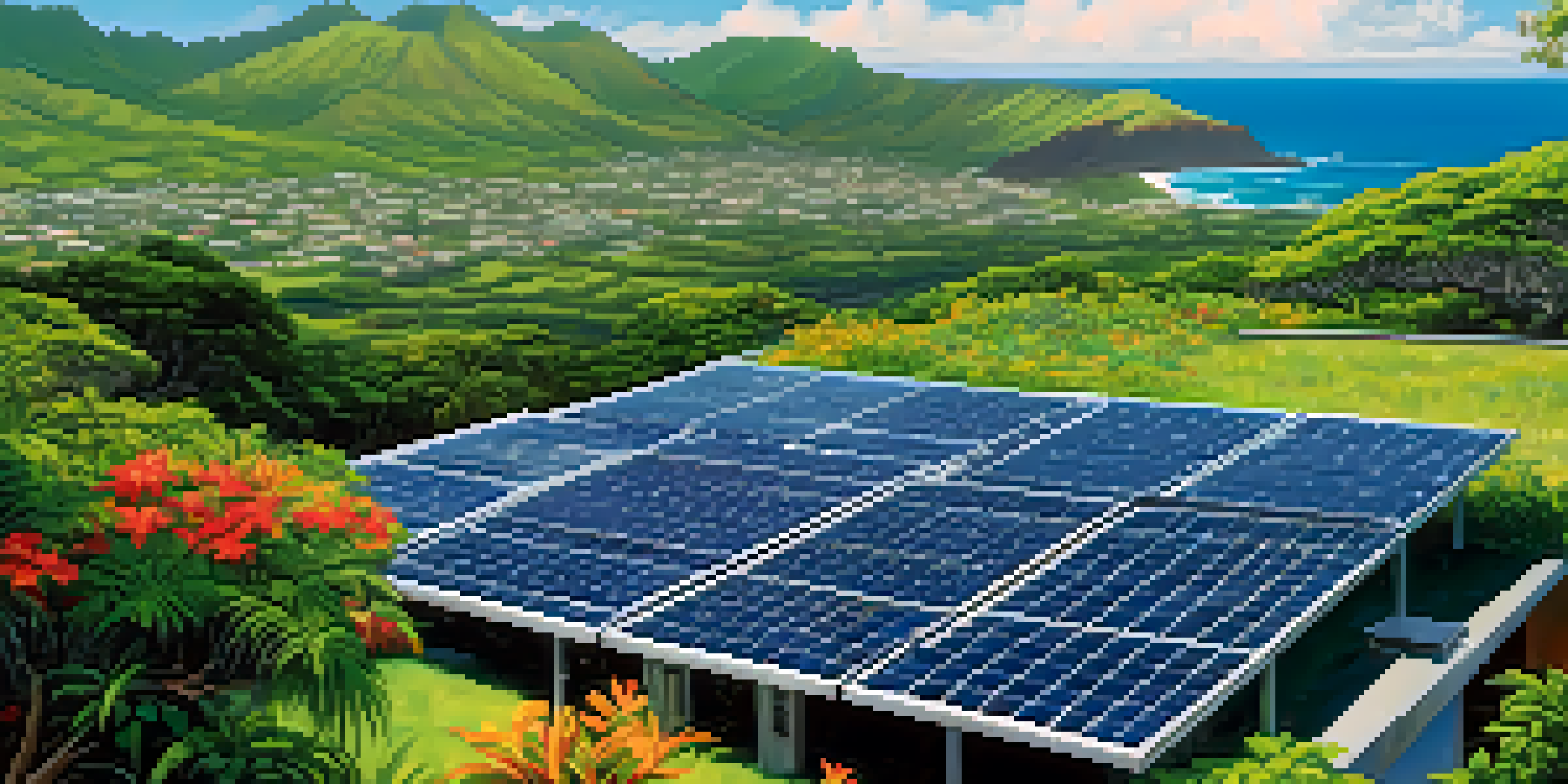 An aerial view of Hawaii showcasing green landscapes with solar panels on rooftops, tropical flowers in the foreground, and the ocean in the background.