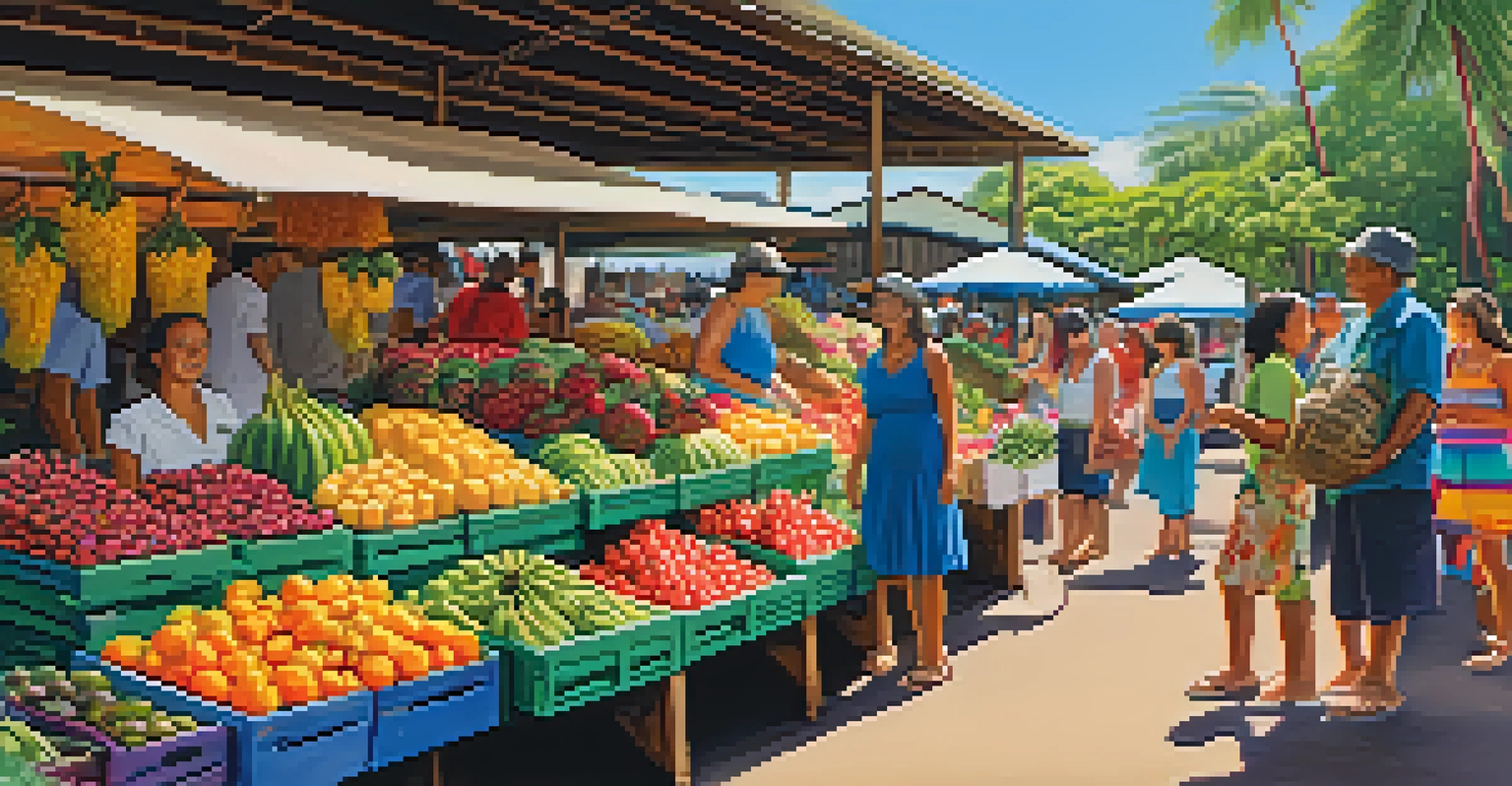 A lively Hawaiian market with colorful stalls of fruits and crafts, featuring local vendors and musicians.