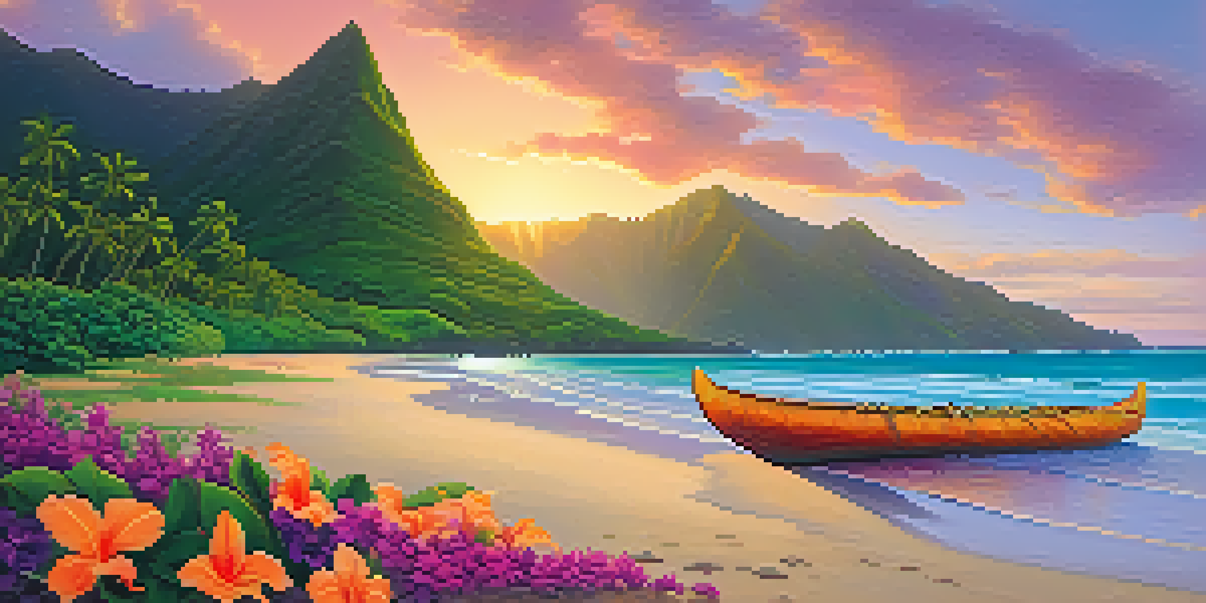 A tranquil Hawaiian beach with a traditional canoe, vibrant sunrise, and lush mountains in the background.