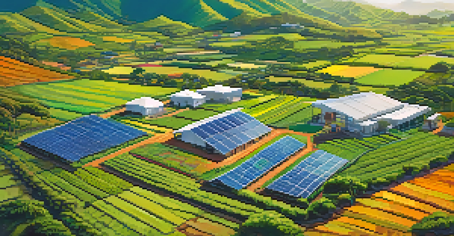 An aerial view of a sustainable Hawaiian farm with diverse crops and solar panels.