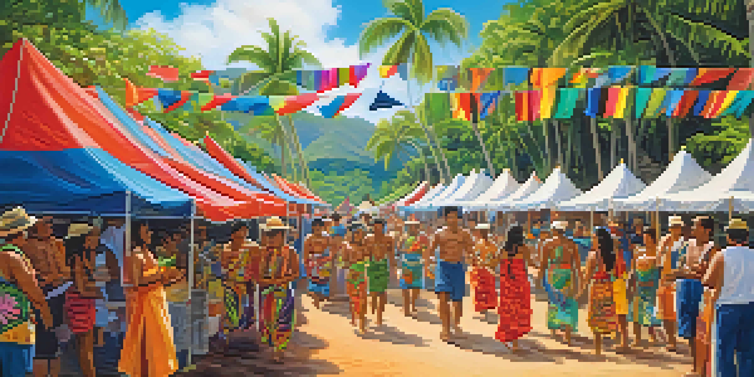 A lively Hawaiian cultural festival featuring local artisans, colorful decorations, and diverse participants among tropical plants under a clear sky.