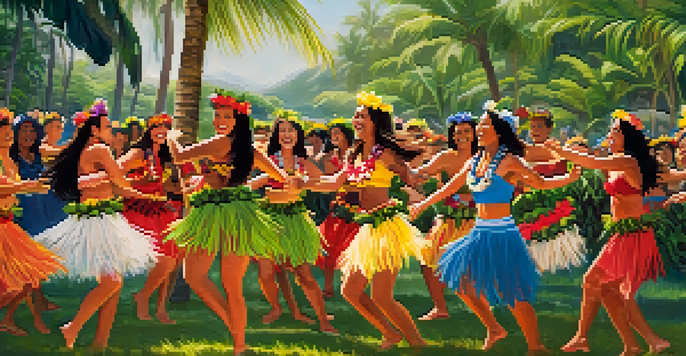 A group of people dancing hula at a luau, surrounded by tropical plants, showcasing traditional attire and a lively atmosphere.